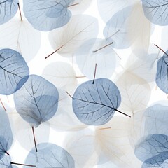 Delicate blue foliage skeleton seamless pattern with translucent texture on clean white background
