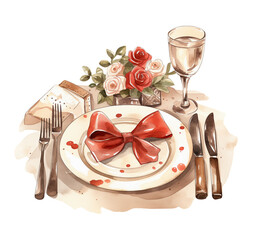 Dinner, valentine's day, watercolor clipart illustration with isolated background.