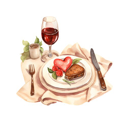 Dinner, valentine's day, watercolor clipart illustration with isolated background.