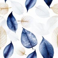 Delicate blue foliage skeleton seamless pattern on white background with translucent texture