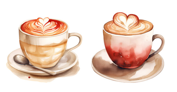 Coffee, valentine's day, watercolor clipart illustration with isolated background.