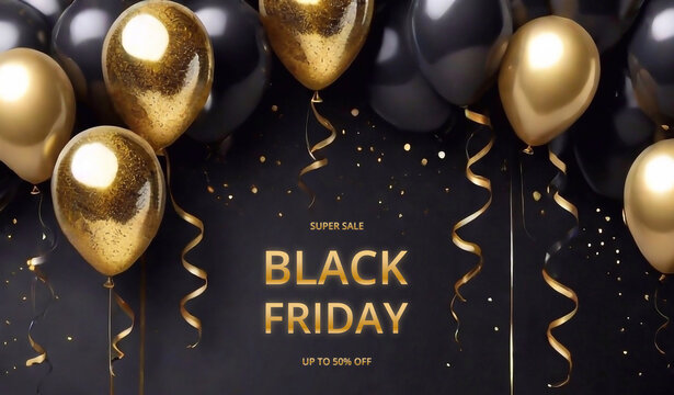 Black Friday concept sale discount promotion banner poster advertising design Sale tag text black and gold balloons composition Realistic banner Dark design