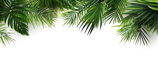 Fototapeta na wymiar The tropical green leaves of a palm tree stand out against the isolated white background, creating a vibrant illustration design reminiscent of the summer season, nature, and art. The floral garden