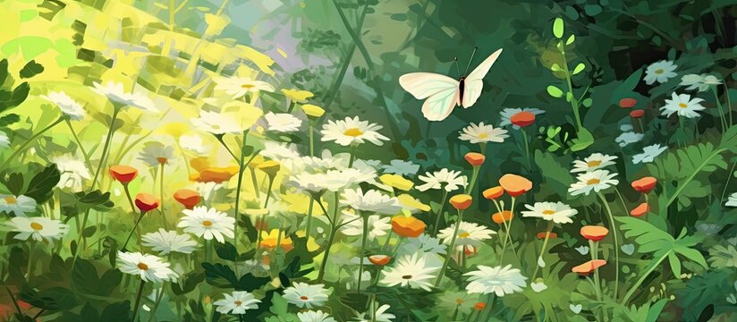 In this beautiful nature illustration, a white butterfly dances among the blooming flowers in a vibrant summer garden, surrounded by a lush green background. The delicate silhouette of an animal can