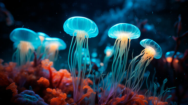 Fantastic underwater creatures, like jellyfish emitting light
