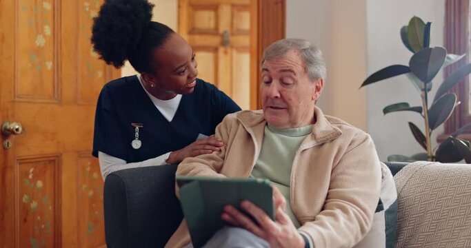 Healthcare, tablet and a senior man with a nurse during a home visit for medical checkup in retirement. Technology, medicine and appointment with a caregiver talking to an elderly patient on the sofa