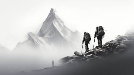Mountain climbing - teamwork - silhouette - apex - dramatic - friendship - partnership - motivation - black and white - hiking - monochrome 