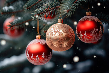 A Christmas tree with ornaments. New Year. Christmas card. Generative AI