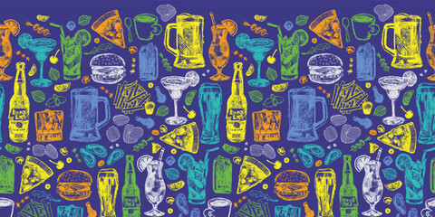 Vector bar cocktails alcoholic drinks and food repeat horizontal border pattern with pizza and mussels. Suitable for wall murals, nightclub and restaurant menu design