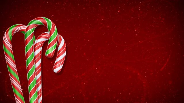 Candy Cane Dance with Snow on Red Background 4K Loop features candy canes dancing in front of a bright red background and swirling animated lines in particles in a loop.