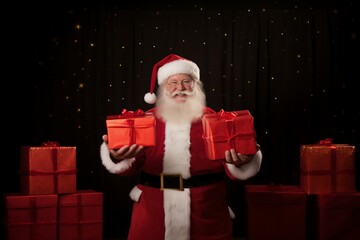 Smiling Santa claus holding gifts in his hands, happy man wishing a merry christmas, bringing presents to kids, Saint Nicholas posing with a smile before a black curtain with lights and stars