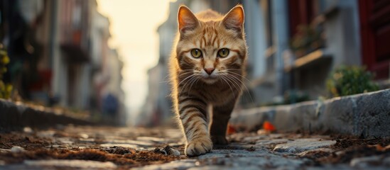 In Istanbul, Turkey, a cute cat with beautiful eyes strolls the streets, adding charm to the urban cityscape while nature blends seamlessly into the bustling city day, capturing a stunning portrait of