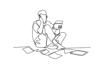 Fototapeta na wymiar Single continuous line drawing of stressful finance manager facing pile of document papers on the floor office. Work overload project concept. Dynamic one line draw graphic design vector illustration