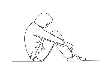 Single one line drawing of frustration young businessman sitting on the floor. Depression disorder, sad, sorrow, disappointment symptom. Modern continuous line draw design graphic vector illustration
