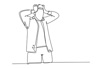 Single one line drawing stressed businessman with headache, hands on his head, migraine, health problems, pain head, stress work, tired, suffer. Continuous line draw design graphic vector illustration