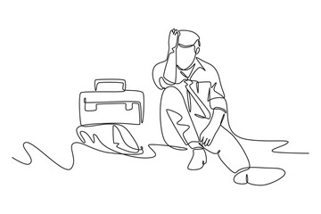 Single one line drawing of depressed businessman with briefcase sitting in despair on floor. Entrepreneur sad expression. Professional burnout syndrome. Continuous line draw design vector illustration - obrazy, fototapety, plakaty
