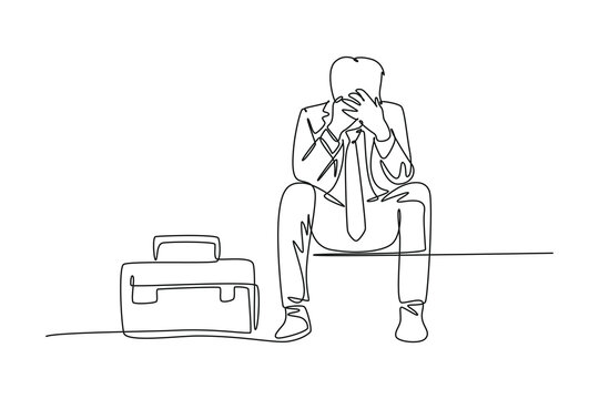 Single one line drawing young depressed male manager bowed limply on chair after he got sacked from the work office. Job dismissal concept. Continuous line draw design graphic vector illustration