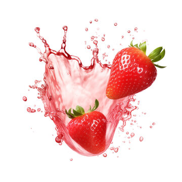 Sweet fresh strawberry juice or jam falling splash with strawberry. Red berry juice splashing. Liquid healthy food or drink fruit design element. Generative AI
