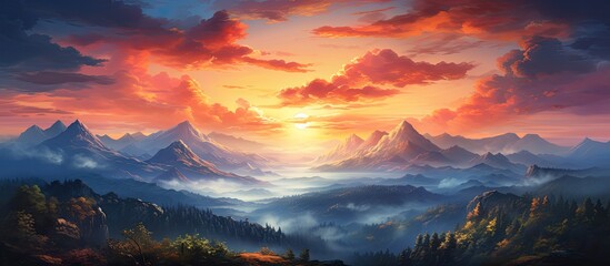 background of a breathtaking landscape, the summer sky painted a beautiful canvas as the sun gently set behind the majestic autumn mountains, creating a stunning sunset. - obrazy, fototapety, plakaty