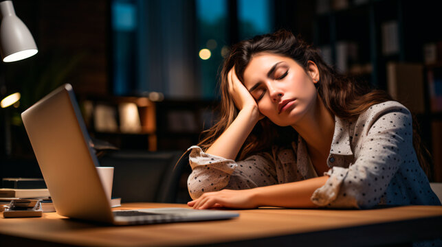 mujer joven con sueño, durmiendo sobre una laptop 