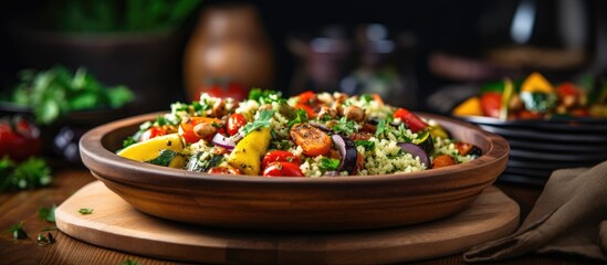 In an African restaurant, the chef prepared a nourishing Moroccan couscous salad, blending North African flavors with healthy vegetables on a wooden plate.