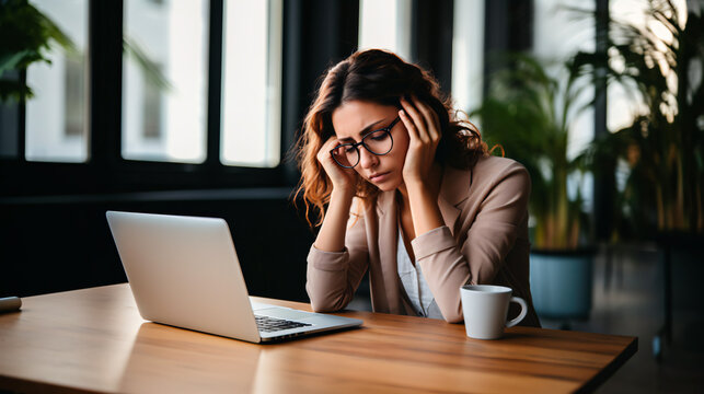 Mujer con dolor de cabeza y somnolienta usando una laptop en su oficina 