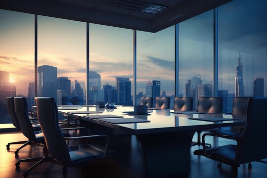 board room interior with city skyline view