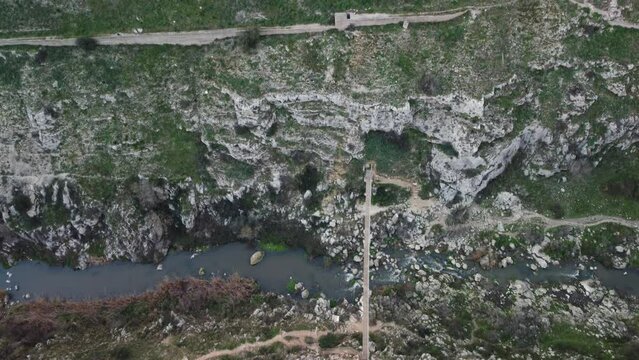 Aerial view of the Tibetan bridge in the city of Matera in Basilicata famous for the Sassi di Matera