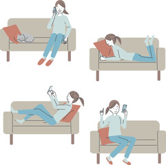 ソファでスマートフォンを使う女性のイラストセット