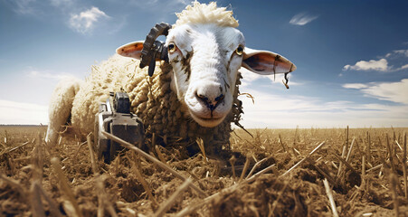 cyborg sheep in a meadow. AI generated.