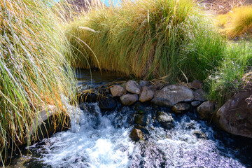 Termas de Puritama no deserto do Atacama, Chile. Águas termais no deserto cercada por montanhas. 
