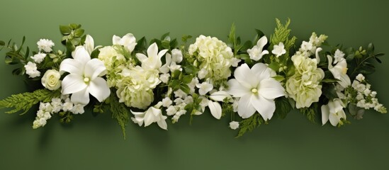 isolated beauty of natures vibrant green backdrop, a stunning floral design blossomed, adding an enchanting touch to a summer wedding. With white flowers representing purity and love, the intricate