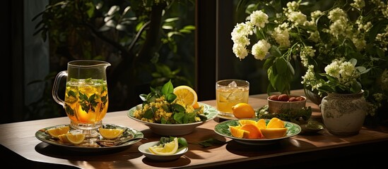 In the serene embrace of nature, a table adorned with a vibrant green leaf placemat reflected the health-conscious choices - a steaming cup of lemon-infused green tea, a glass of refreshing water, and