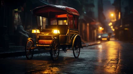 Foto op Plexiglas Traditional rickshaw in the street at night © Ahtesham
