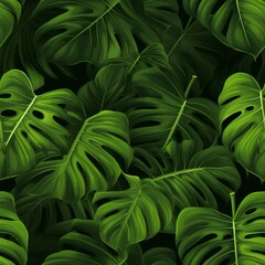 Obraz premium Tropical monstera leaf seamless pattern with lush green foliage on a captivatingly dark background