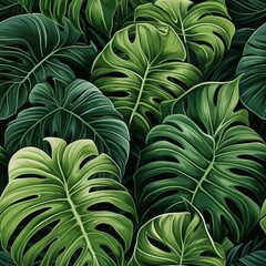 Lush and vibrant seamless pattern with dark green tropical monstera leaves in a mesmerizing display