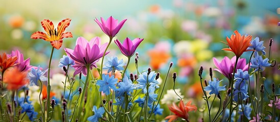 In the lush green garden, amidst the swaying grass and vibrant flora, a beautiful floral field unfolds, a closeup of fresh and natural flowers in their vibrant hues, adorning the outdoor scenery with