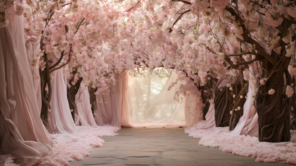 Enchanting Cherry Blossom Canopy Lining a Peaceful Path, Enhanced with Soft and Pastel Tones to Convey a Delicate and Romantic Ambiance