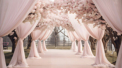 Enchanting Cherry Blossom Canopy Lining a Peaceful Path, Enhanced with Soft and Pastel Tones to Convey a Delicate and Romantic Ambiance