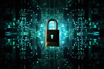A lock and key against a digital matrix background. Pixelated background with binary code surroundings.  Internet security immersive interface safety personal data protection from viruses and malware