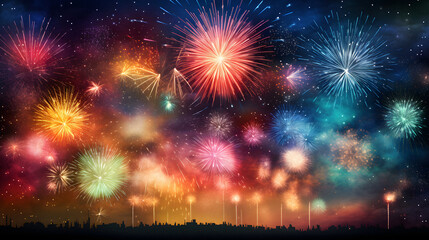 Enchanting Firework Display Lighting up the Night Sky, Enhanced with Bold and Vivid Tones to Convey a Festive and Joyous Atmosphere