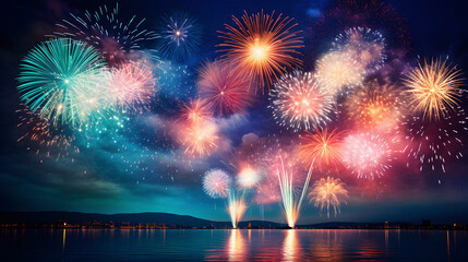 Enchanting Firework Display Lighting up the Night Sky, Enhanced with Bold and Vivid Tones to Convey a Festive and Joyous Atmosphere