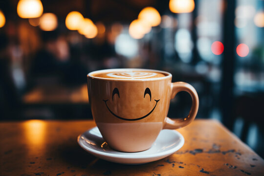 Happy coffee drink with happy smiling face on big yellow cup on boken cafe table. The most happiest and coffee good vibes morning start motivation. Copy space, empty place for text.