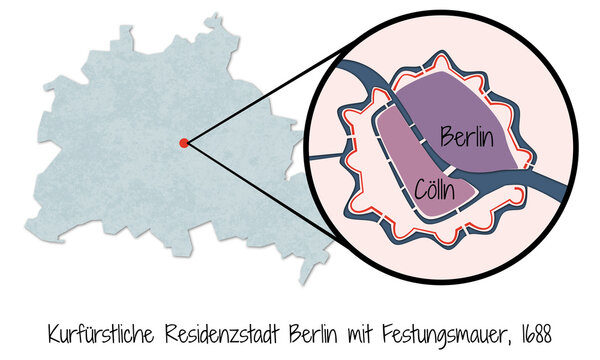 Berlin, Geschichte der Bezirke - Kurf&uuml;rstliche Residenzstadt Berlin mit Festungsmauer, 1688