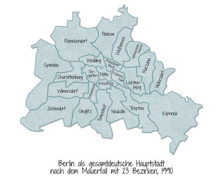 Berlin, Geschichte der Bezirke - Berlin als gesamtdeutsche Hauptstadt 
nach dem Mauerfall mit 23 Bezirken, 1990