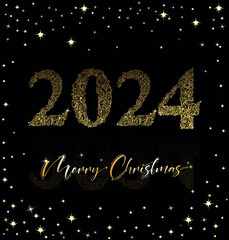 Merry Christmas and New Year 2024, gold and black design template for Happy New Year with Merry Christmas lettering and patterned luxury numbers 2024. Merry Christmas 2024 isolation banner, vector