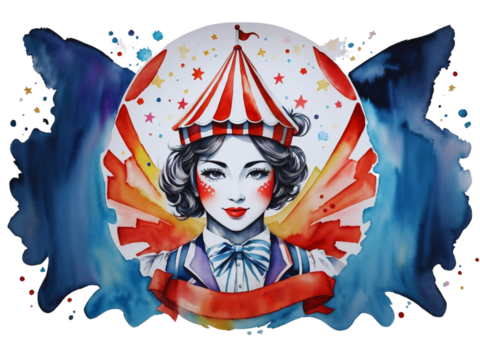 A watercolor painting of a woman with a circus tent on her head
Circus Girl, Clown Girl, Watercolor, artistic ,painting