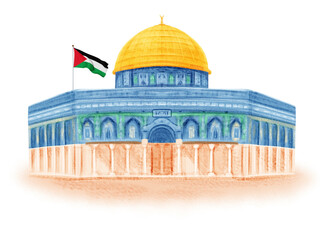The Dome of the Rock with a Proud Flag Palestine Waving in the Wind,
A drawing of a dome of the Rock with a flag palestine on top of it.