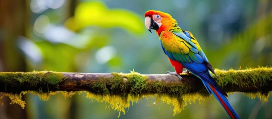 Keuken spatwand met foto In the colorful landscape of the Amazon, a beautiful bird with vibrant feathers perches on a branch, close and isolated against a white background, showcasing its cute and portrait-like appearance © AkuAku