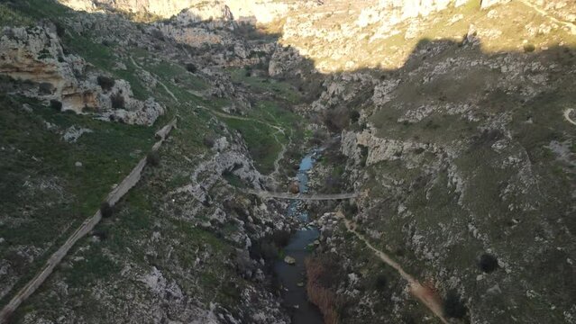 Aerial view of the Tibetan bridge in the city of Matera in Basilicata famous for the Sassi di Matera